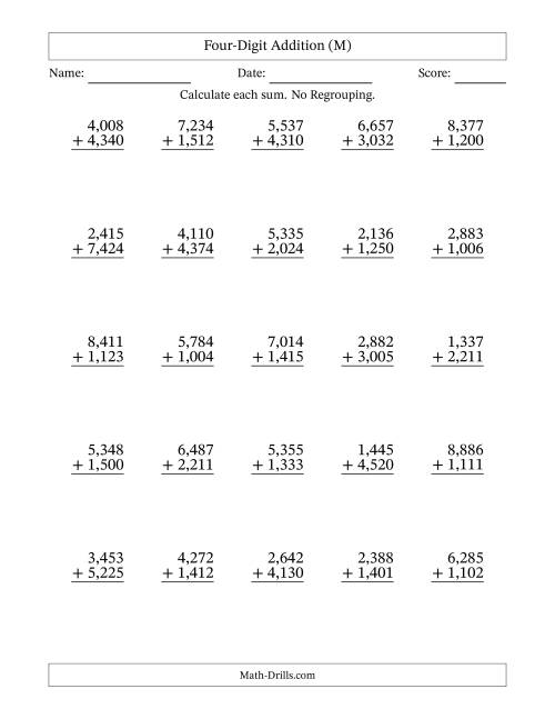 The Four-Digit Addition With No Regrouping – 25 Questions – Comma Separated Thousands (M) Math Worksheet