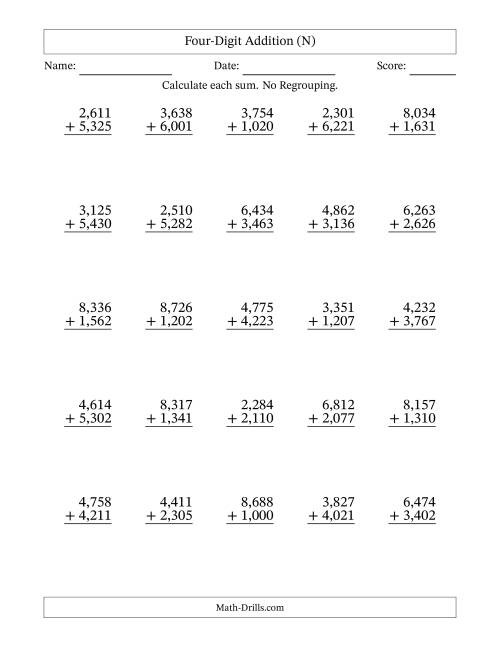 The Four-Digit Addition With No Regrouping – 25 Questions – Comma Separated Thousands (N) Math Worksheet