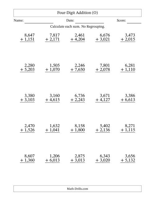 The Four-Digit Addition With No Regrouping – 25 Questions – Comma Separated Thousands (O) Math Worksheet