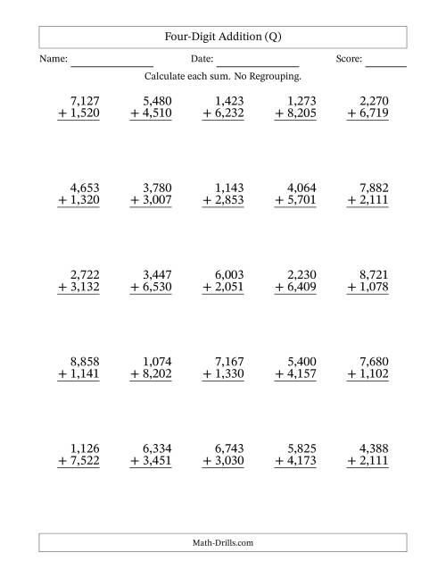 The Four-Digit Addition With No Regrouping – 25 Questions – Comma Separated Thousands (Q) Math Worksheet