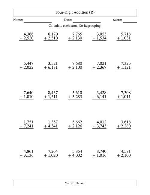 The Four-Digit Addition With No Regrouping – 25 Questions – Comma Separated Thousands (R) Math Worksheet