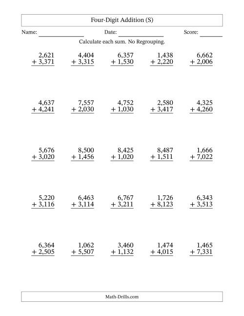 The Four-Digit Addition With No Regrouping – 25 Questions – Comma Separated Thousands (S) Math Worksheet