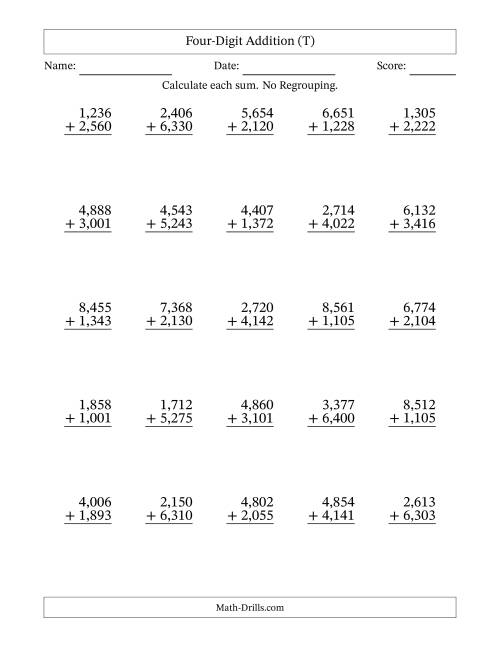 The Four-Digit Addition With No Regrouping – 25 Questions – Comma Separated Thousands (T) Math Worksheet