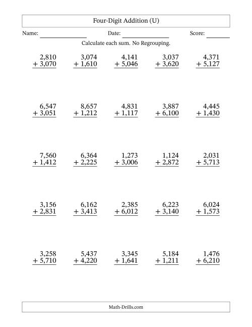 The Four-Digit Addition With No Regrouping – 25 Questions – Comma Separated Thousands (U) Math Worksheet
