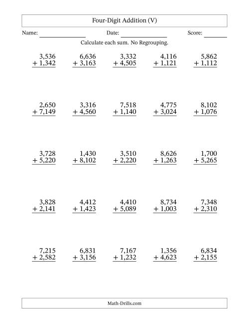 The Four-Digit Addition With No Regrouping – 25 Questions – Comma Separated Thousands (V) Math Worksheet
