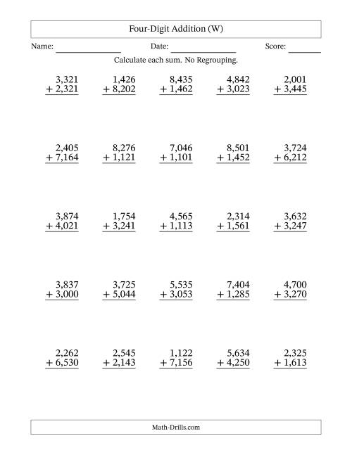 The Four-Digit Addition With No Regrouping – 25 Questions – Comma Separated Thousands (W) Math Worksheet