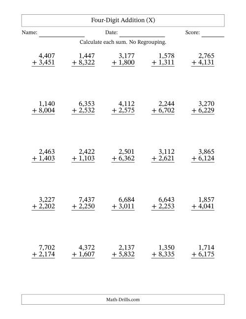 The Four-Digit Addition With No Regrouping – 25 Questions – Comma Separated Thousands (X) Math Worksheet