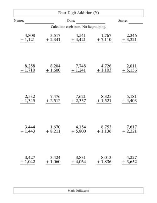 The Four-Digit Addition With No Regrouping – 25 Questions – Comma Separated Thousands (Y) Math Worksheet