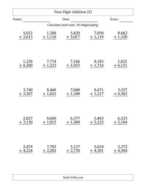 The Four-Digit Addition With No Regrouping – 25 Questions – Comma Separated Thousands (Z) Math Worksheet