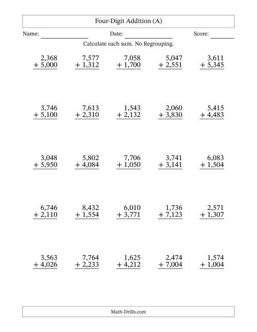 The Four-Digit Addition With No Regrouping – 25 Questions – Comma Separated Thousands (All) Math Worksheet