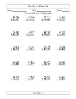 Five-Digit Addition With No Regrouping – 20 Questions – Comma Separated Thousands