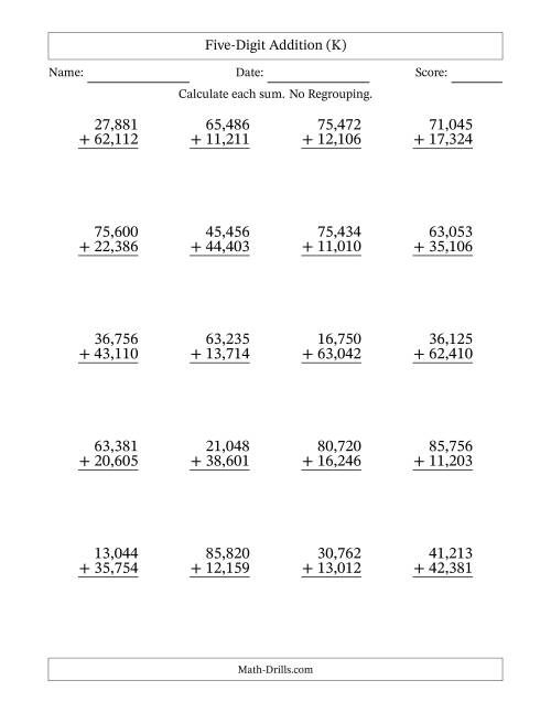 The Five-Digit Addition With No Regrouping – 20 Questions – Comma Separated Thousands (K) Math Worksheet