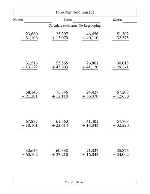 The Five-Digit Addition With No Regrouping – 20 Questions – Comma Separated Thousands (L) Math Worksheet