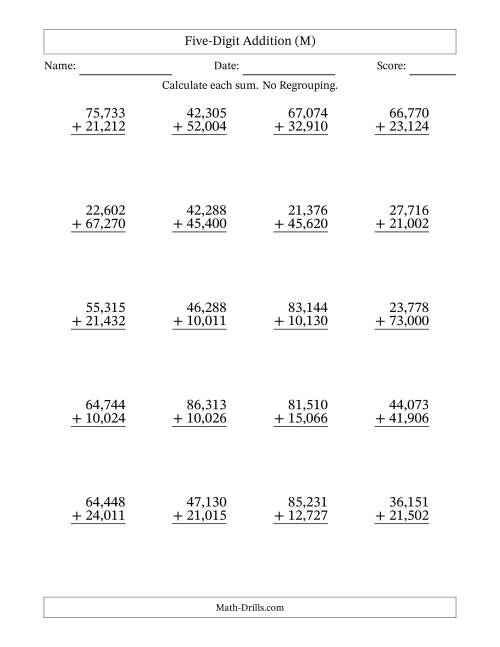The Five-Digit Addition With No Regrouping – 20 Questions – Comma Separated Thousands (M) Math Worksheet