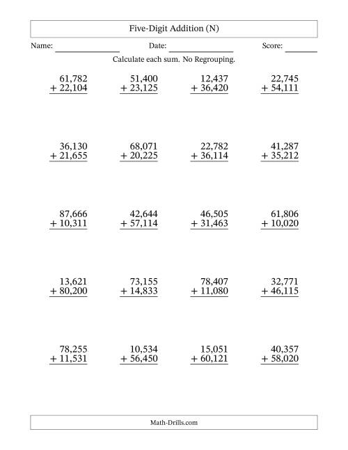 The Five-Digit Addition With No Regrouping – 20 Questions – Comma Separated Thousands (N) Math Worksheet