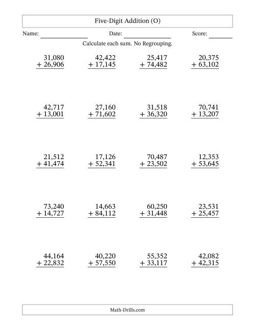 The Five-Digit Addition With No Regrouping – 20 Questions – Comma Separated Thousands (O) Math Worksheet