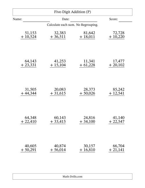 The Five-Digit Addition With No Regrouping – 20 Questions – Comma Separated Thousands (P) Math Worksheet