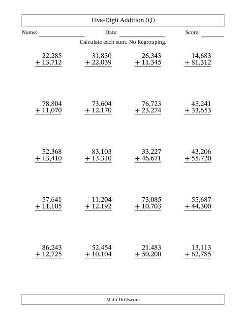 The Five-Digit Addition With No Regrouping – 20 Questions – Comma Separated Thousands (Q) Math Worksheet