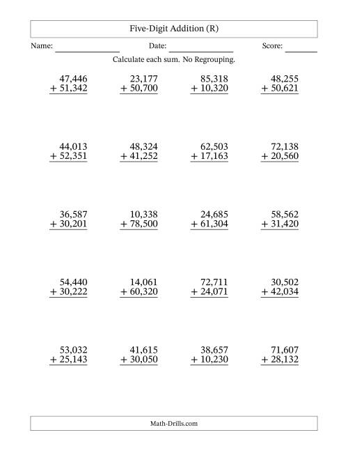 The Five-Digit Addition With No Regrouping – 20 Questions – Comma Separated Thousands (R) Math Worksheet