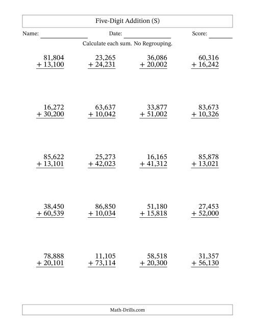 The Five-Digit Addition With No Regrouping – 20 Questions – Comma Separated Thousands (S) Math Worksheet