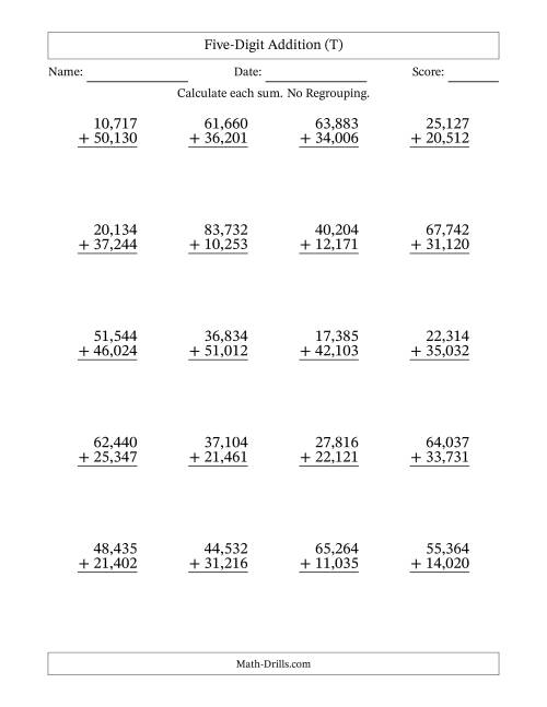 The Five-Digit Addition With No Regrouping – 20 Questions – Comma Separated Thousands (T) Math Worksheet