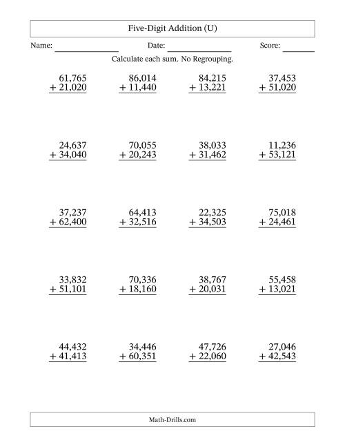 The Five-Digit Addition With No Regrouping – 20 Questions – Comma Separated Thousands (U) Math Worksheet