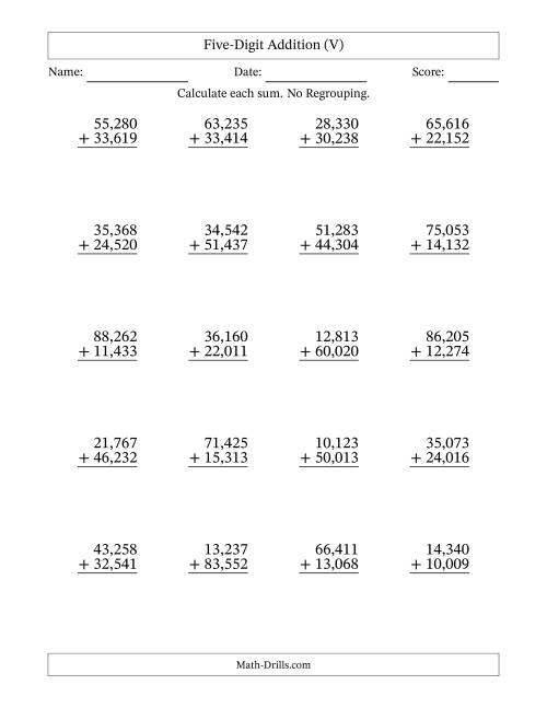 The Five-Digit Addition With No Regrouping – 20 Questions – Comma Separated Thousands (V) Math Worksheet