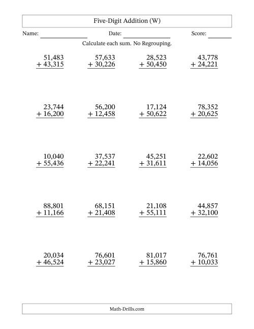 The Five-Digit Addition With No Regrouping – 20 Questions – Comma Separated Thousands (W) Math Worksheet