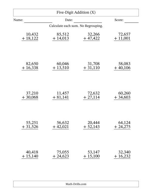 The Five-Digit Addition With No Regrouping – 20 Questions – Comma Separated Thousands (X) Math Worksheet