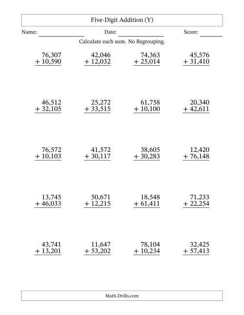 The Five-Digit Addition With No Regrouping – 20 Questions – Comma Separated Thousands (Y) Math Worksheet