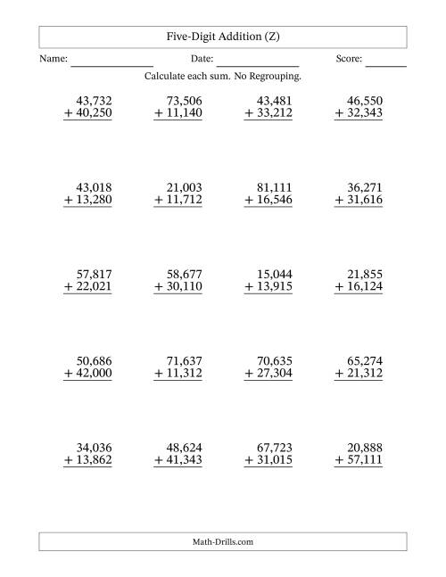 The Five-Digit Addition With No Regrouping – 20 Questions – Comma Separated Thousands (Z) Math Worksheet