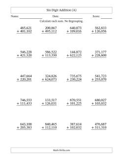 Six-Digit Addition With No Regrouping – 20 Questions – Comma Separated Thousands