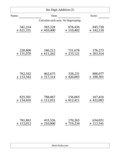 The Six-Digit Addition With No Regrouping – 20 Questions – Comma Separated Thousands (I) Math Worksheet