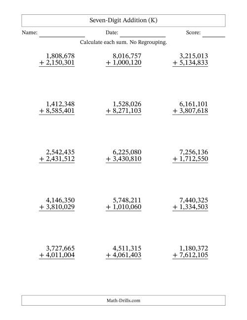 The Seven-Digit Addition With No Regrouping – 15 Questions – Comma Separated Thousands (K) Math Worksheet