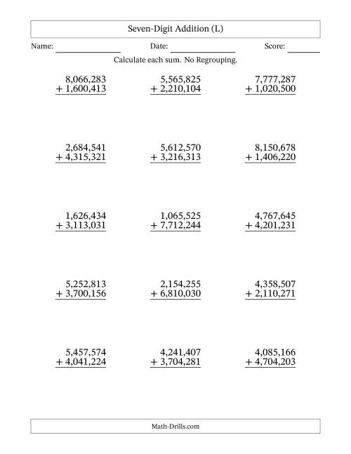 The Seven-Digit Addition With No Regrouping – 15 Questions – Comma Separated Thousands (L) Math Worksheet