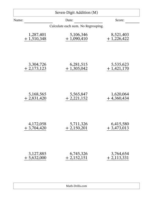 The Seven-Digit Addition With No Regrouping – 15 Questions – Comma Separated Thousands (M) Math Worksheet