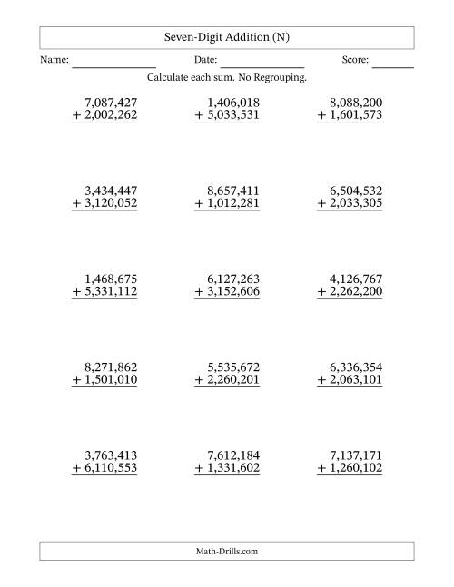 The Seven-Digit Addition With No Regrouping – 15 Questions – Comma Separated Thousands (N) Math Worksheet