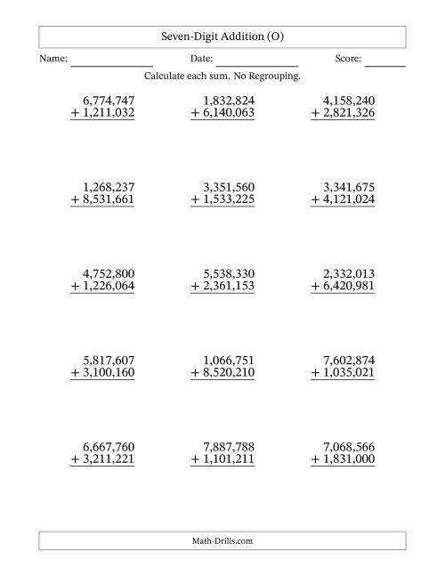 The Seven-Digit Addition With No Regrouping – 15 Questions – Comma Separated Thousands (O) Math Worksheet