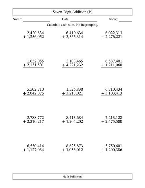 The Seven-Digit Addition With No Regrouping – 15 Questions – Comma Separated Thousands (P) Math Worksheet
