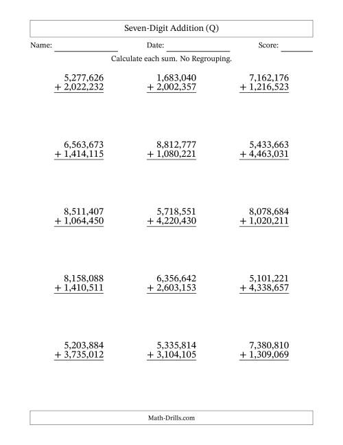 The Seven-Digit Addition With No Regrouping – 15 Questions – Comma Separated Thousands (Q) Math Worksheet
