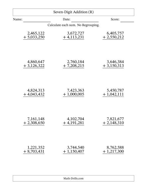 The Seven-Digit Addition With No Regrouping – 15 Questions – Comma Separated Thousands (R) Math Worksheet