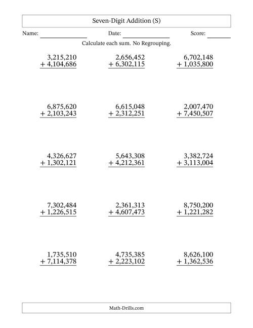The Seven-Digit Addition With No Regrouping – 15 Questions – Comma Separated Thousands (S) Math Worksheet