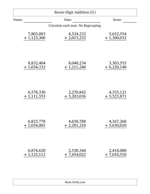 The Seven-Digit Addition With No Regrouping – 15 Questions – Comma Separated Thousands (U) Math Worksheet
