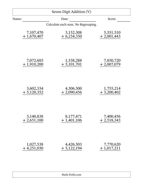 The Seven-Digit Addition With No Regrouping – 15 Questions – Comma Separated Thousands (V) Math Worksheet