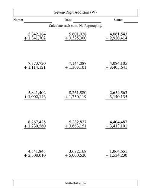 The Seven-Digit Addition With No Regrouping – 15 Questions – Comma Separated Thousands (W) Math Worksheet