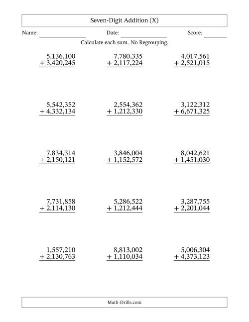 The Seven-Digit Addition With No Regrouping – 15 Questions – Comma Separated Thousands (X) Math Worksheet