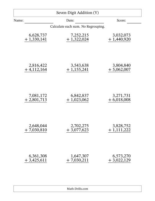 The Seven-Digit Addition With No Regrouping – 15 Questions – Comma Separated Thousands (Y) Math Worksheet