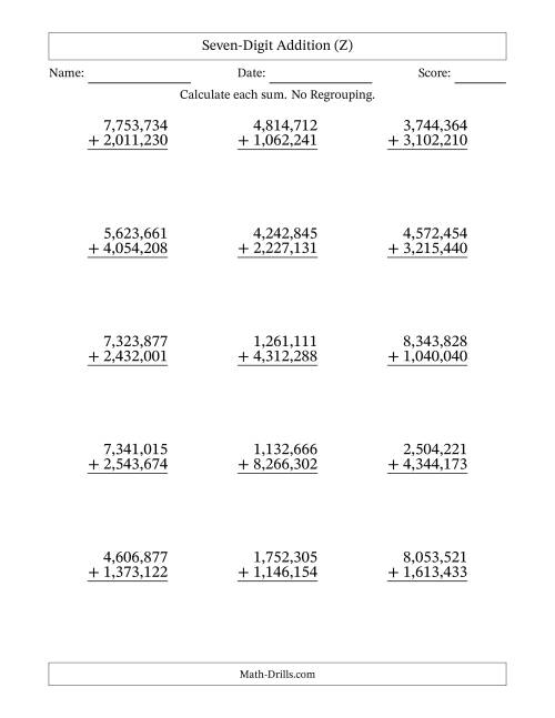 The Seven-Digit Addition With No Regrouping – 15 Questions – Comma Separated Thousands (Z) Math Worksheet