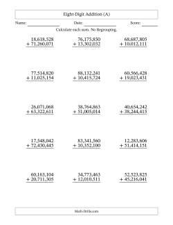 Eight-Digit Addition With No Regrouping – 15 Questions – Comma Separated Thousands