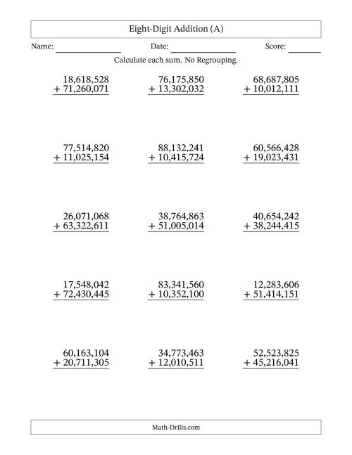 The Eight-Digit Addition With No Regrouping – 15 Questions – Comma Separated Thousands (A) Math Worksheet